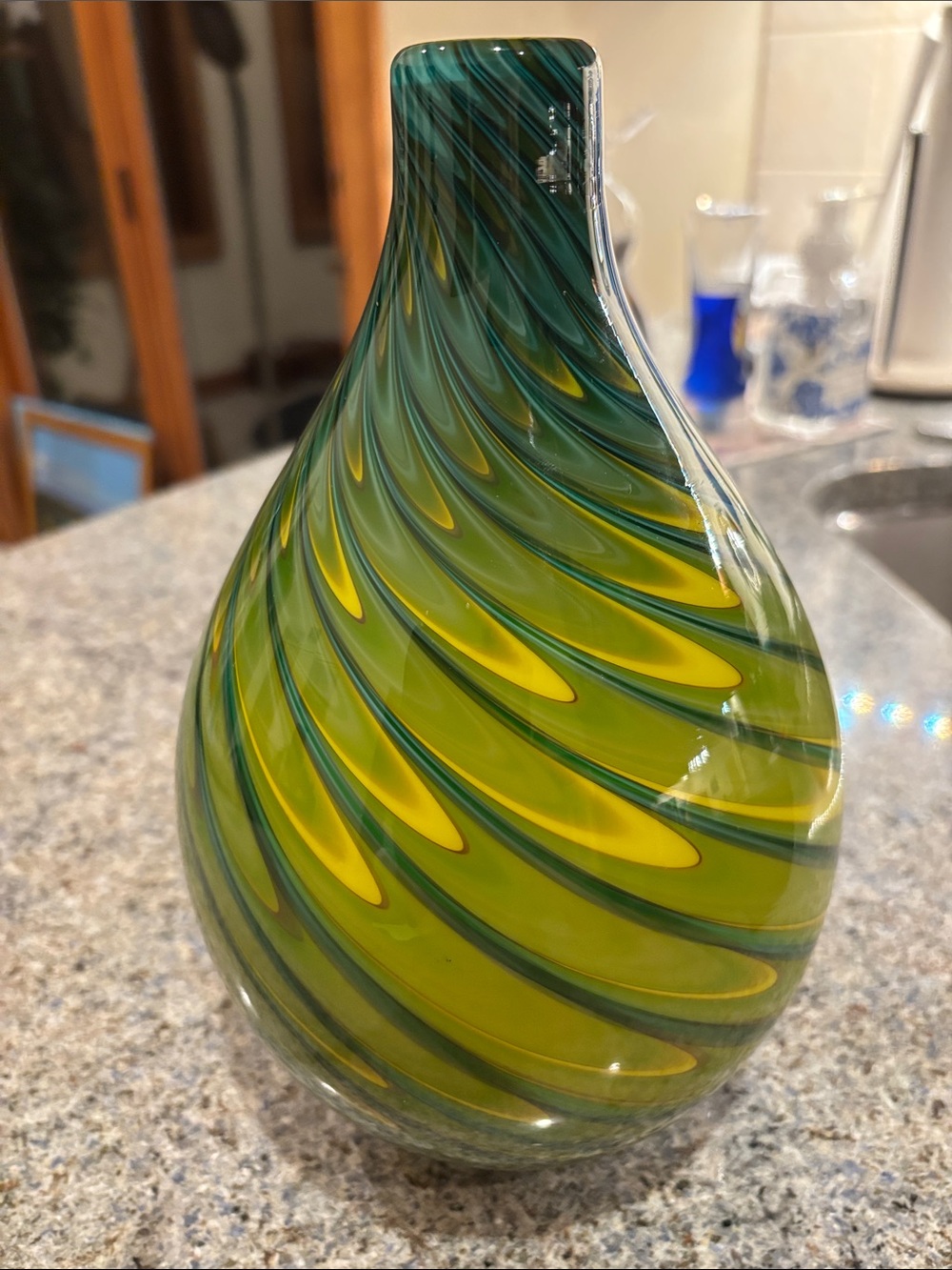 Hand-Blown Green and Yellow Swirl Art Glass Vase